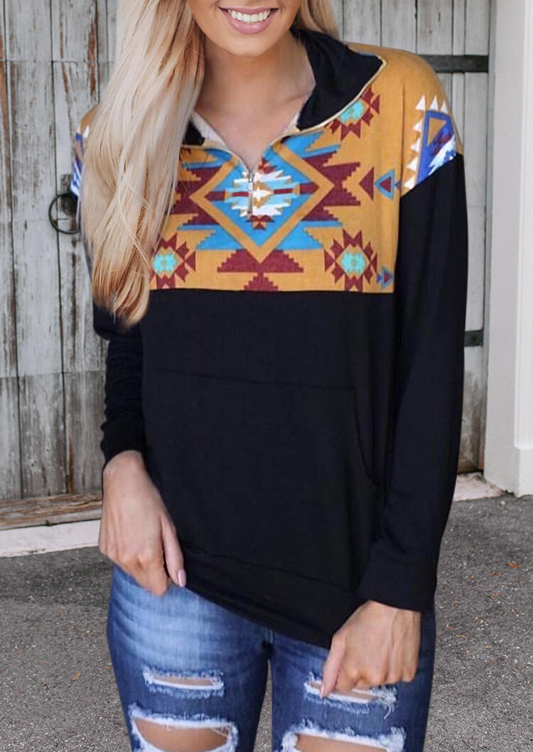 

Sweatshirts Aztec Geometric Kangaroo Pocket Zipper Collar Sweatshirt in Black. Size