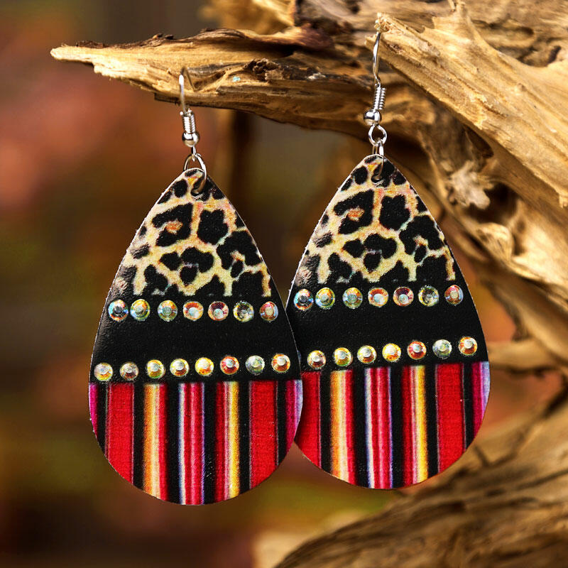 

Leopard Colorful Serape Striped Splicing Rhinestone Earrings, 477138