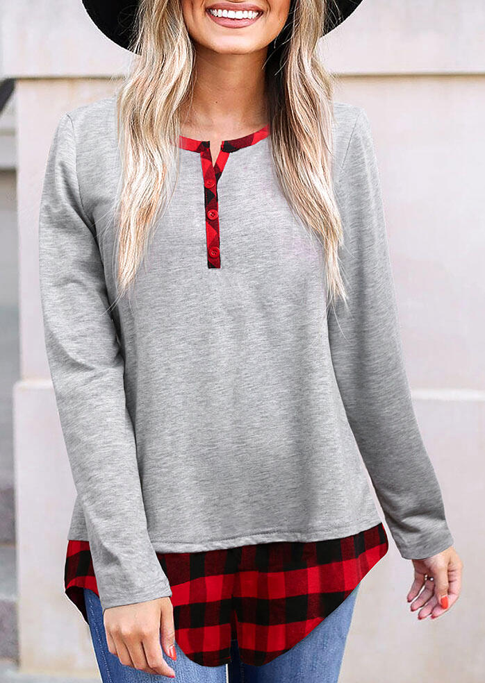 

Blouses Plaid Splicing Button O-Neck Long Sleeve Blouse in Gray. Size