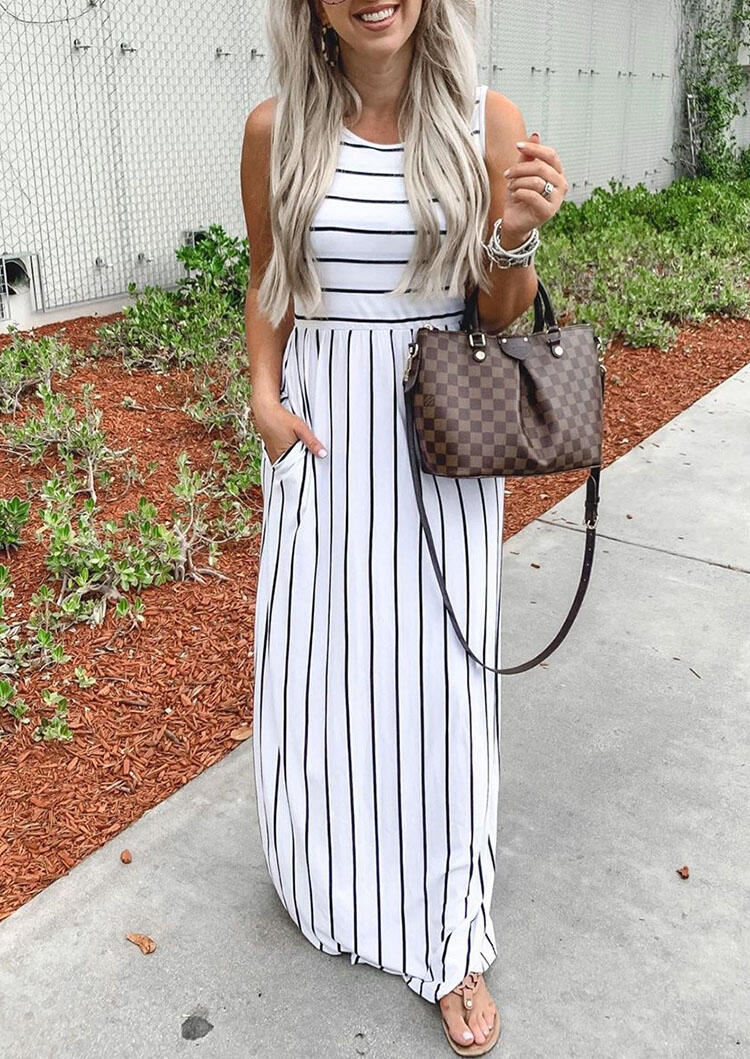 

Striped Splicing Pocket Sleeveless Maxi Dress - White, 477257