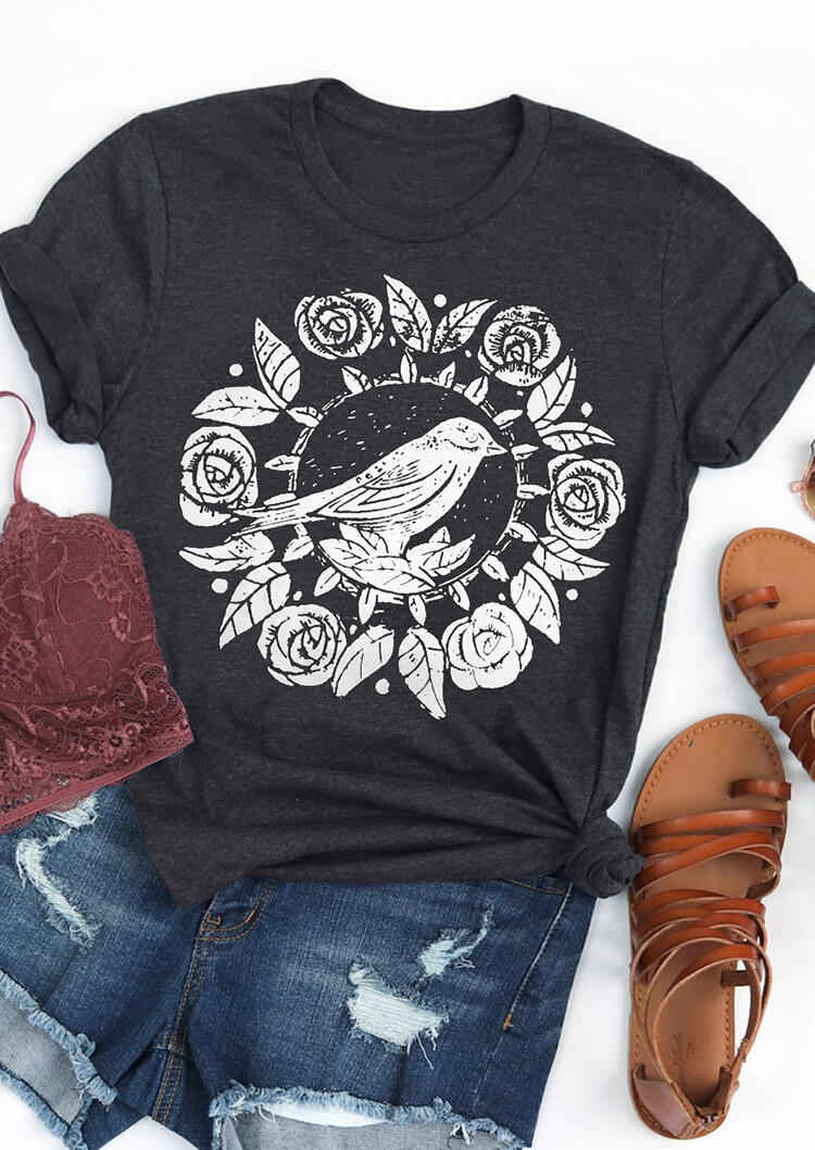 

Floral Bird T-Shirt Tee - Dark Grey, 477359