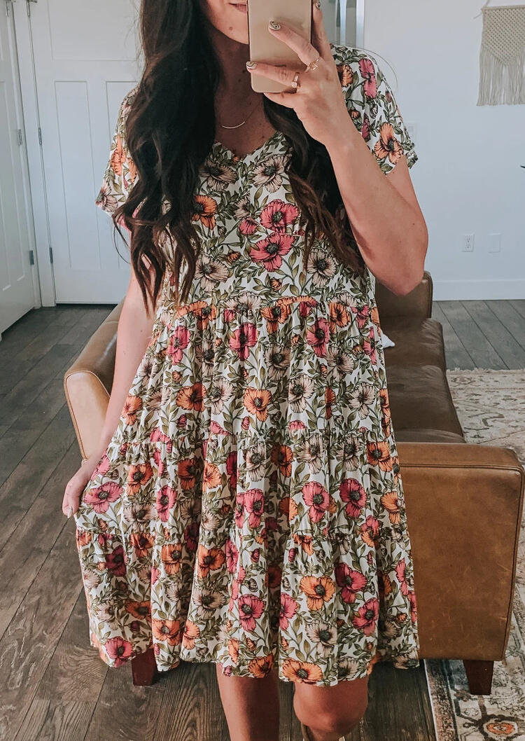 

Mini Dresses Presale - Floral Ruffled V-Neck Mini Dress in Multicolor. Size: S,M,,XL