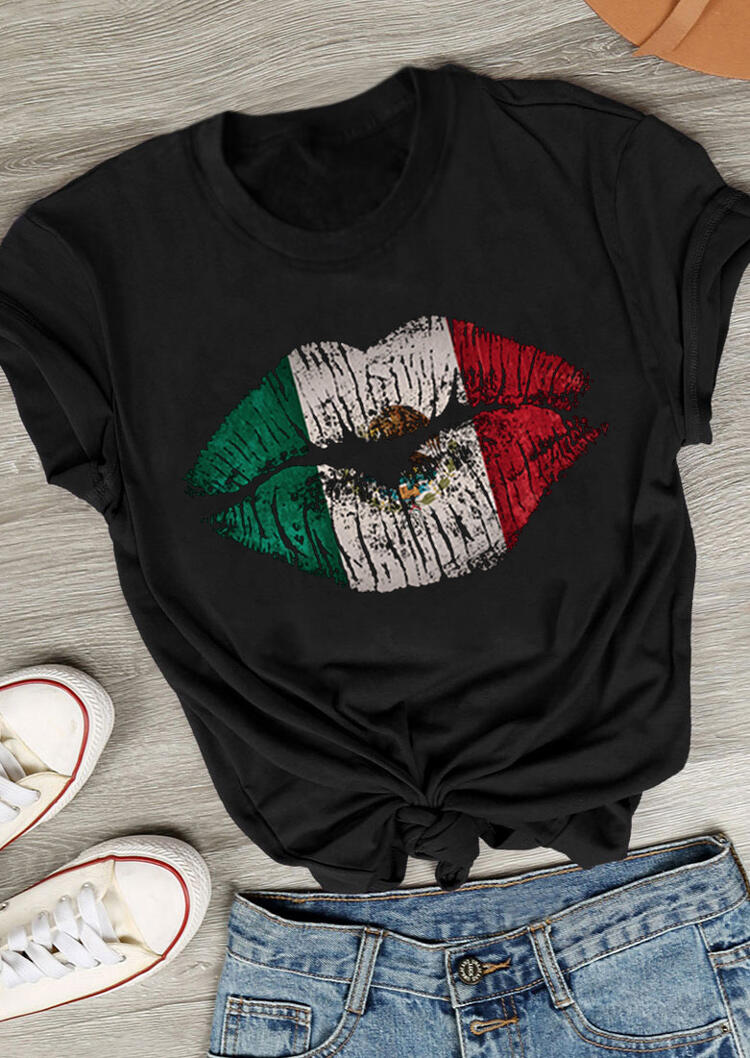 

Mexican Flag Lips T-Shirt Tee - Black, 477402