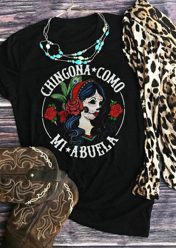 

Mexican Letter Graphic Rose Girl T-Shirt Tee - Black, 477406