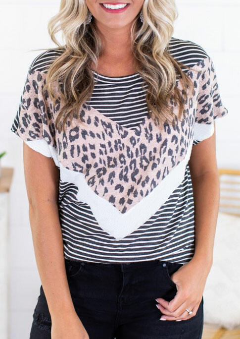 

Leopard Striped Splicing Blouse, Stripe, 477407