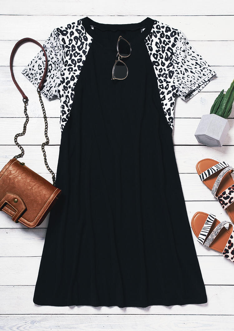 Mini Dresses Leopard Splicing O-Neck Mini Dress in Black. Size: L,S