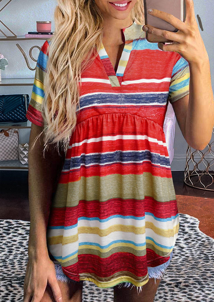 

Colorful Serape Striped Ruffled V-Neck Blouse, Multicolor, 477265