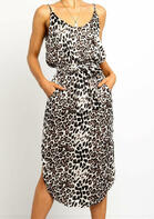 Leopard Pocket Tie Slit Open Back Casual Dress