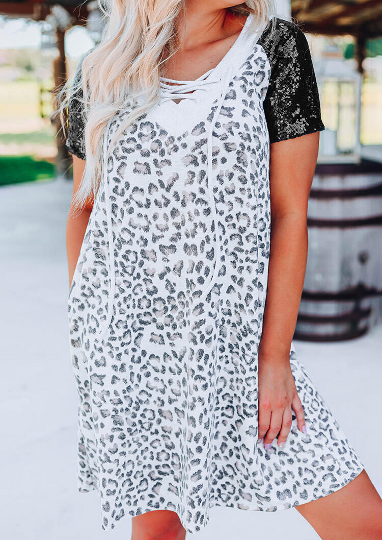 

Presale - Leopard Sequined Splicing Lace Up Pocket Mini Dress, 477462
