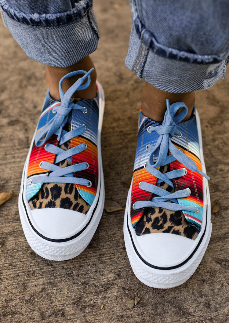 

Leopard Splicing Colorful Striped Lace Up Flat Sneakers, Multi, 477483