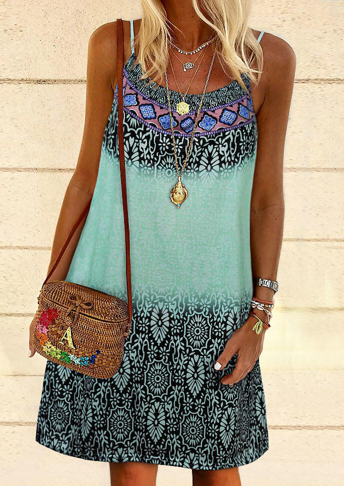 

Vintage Gradient Floral Mini Dress without Necklace - Light Green, 477104