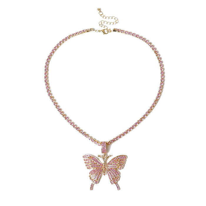

Rhinestone Butterfly Pendant Necklace, Gold;pink;silver, 477549