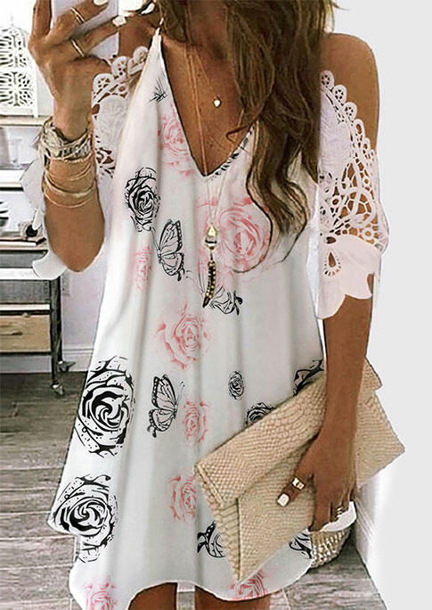 

Floral Butterfly Lace Splicing Cut Out Mini Dress - White, 477569