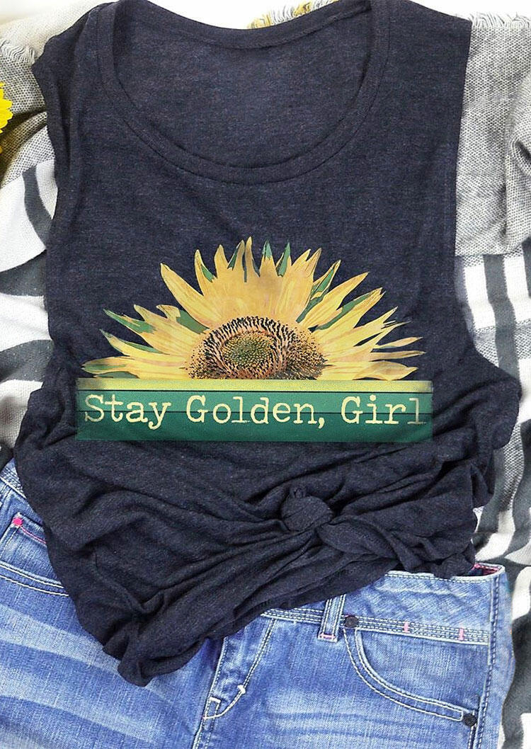 

Tank Tops Stay Golden Girl Sunflower Tank in Navy Blue. Size