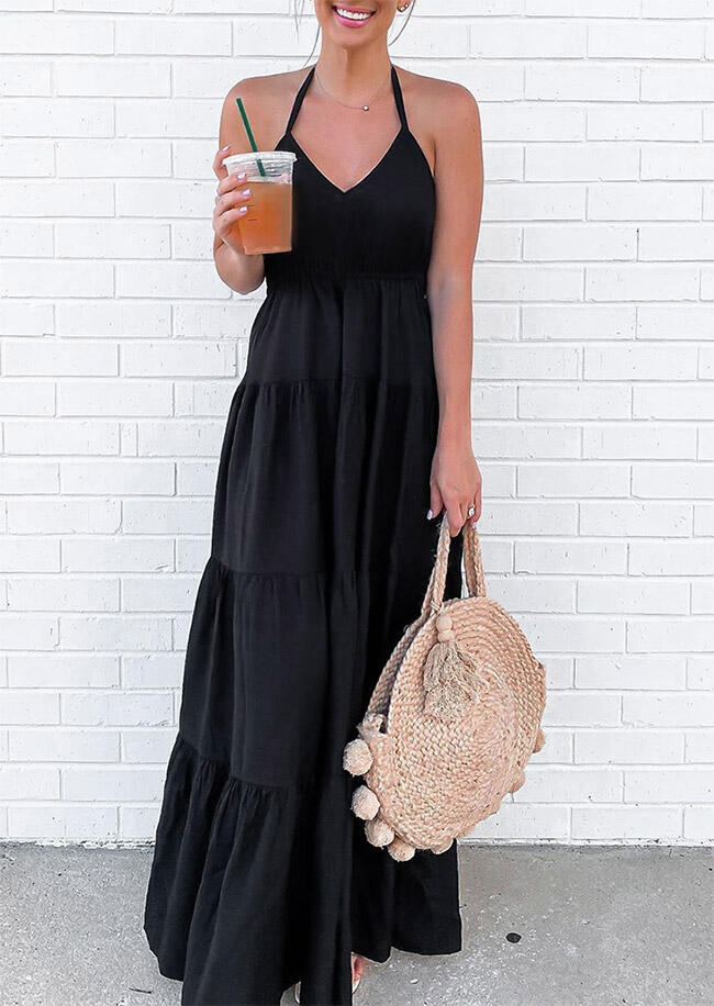 

Ruffled Halter Tie V-Neck Maxi Dress without Necklace - Black, 476192