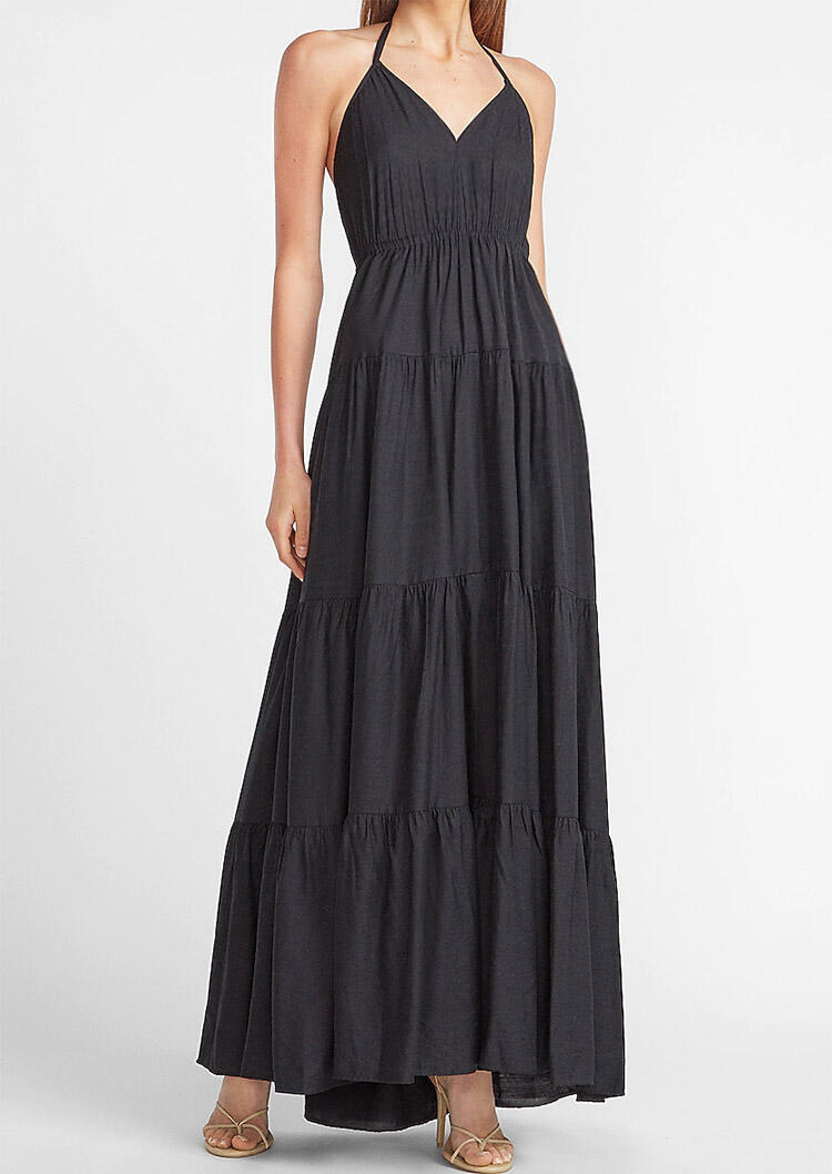 Ruffled Halter Tie V Neck Maxi Dress Without Necklace Black Fairyseason