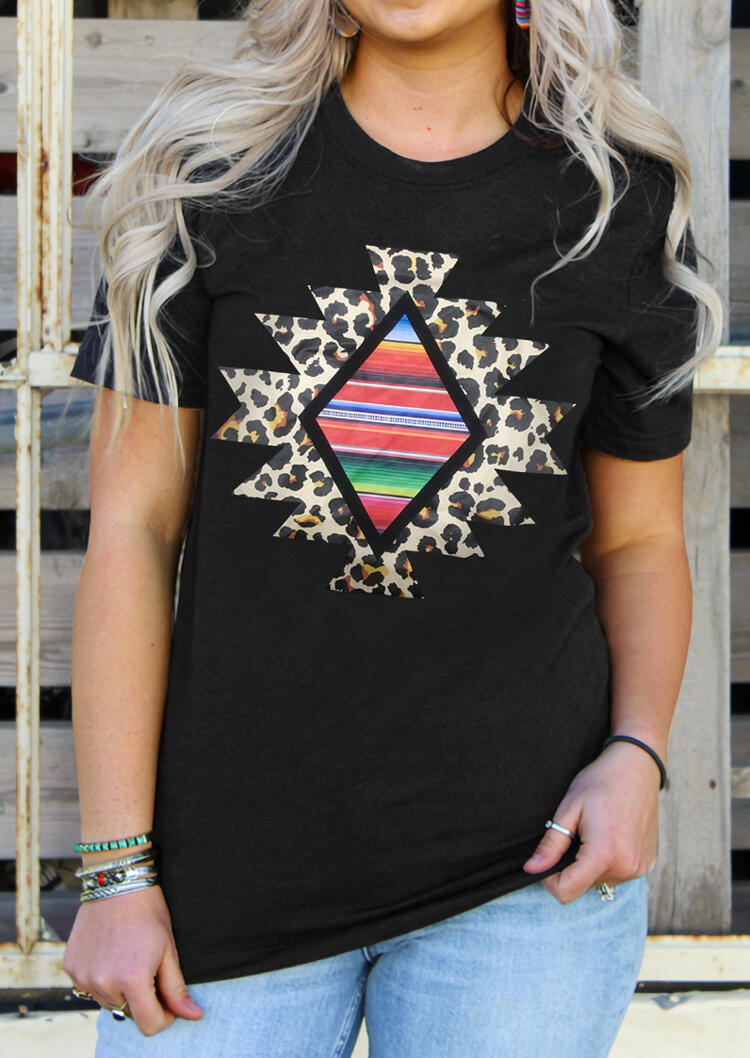 

Leopard Geometric Aztec Serape Striped T-Shirt Tee - Black, 477503