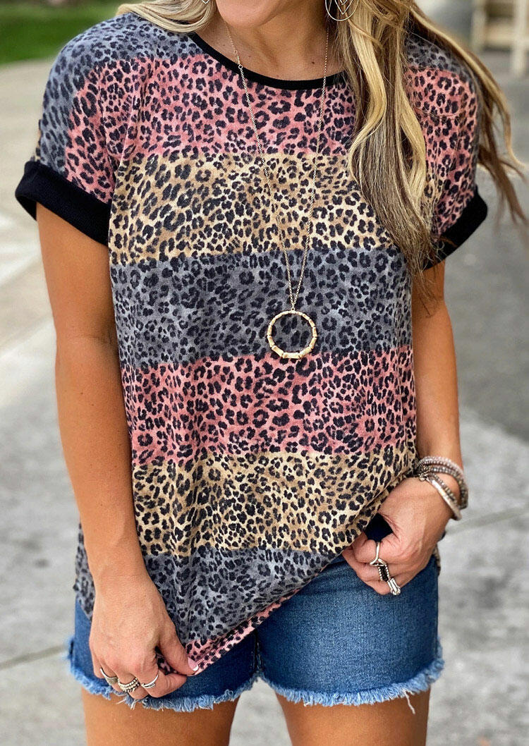 Leopard Striped Color Block T-Shirt Tee without Necklace