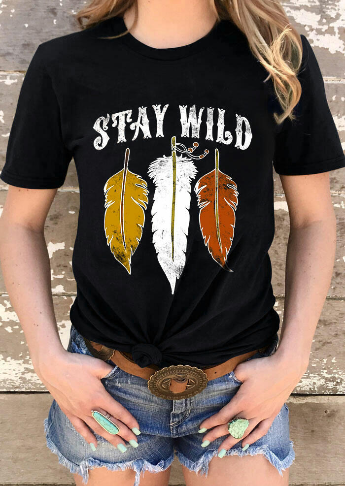 

Tees T-shirts Stay Wild Feathers T-Shirt Tee in Black. Size