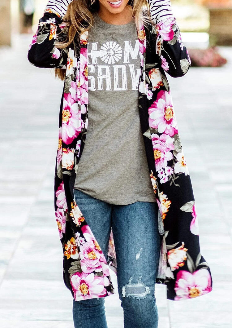 

Floral Striped Splicing Long Cardigan - Black, 477670