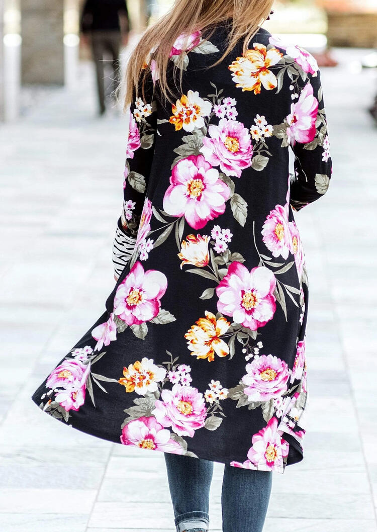 

Cardigans Floral Striped Splicing Long Cardigan in Black. Size