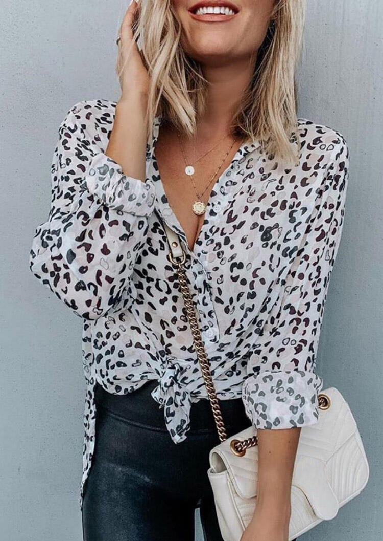 

Leopard Button Slit Long Sleeve Shirt without Necklace, White, 477713