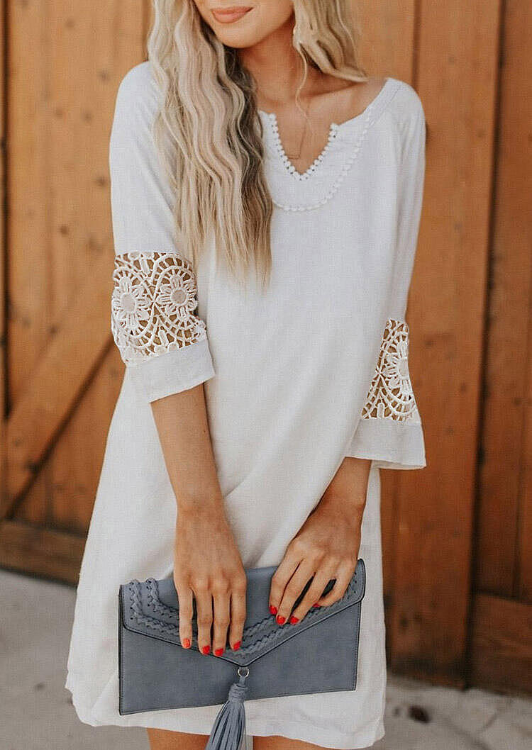 

Mini Dresses Lace Splicing Floral Mini Dress in White. Size