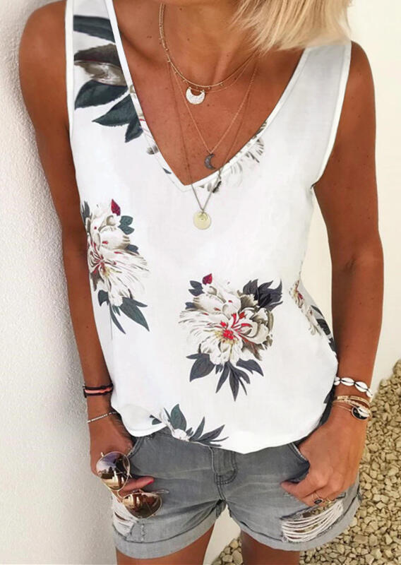 

Floral V-Neck Tank without Necklace - White, 477244