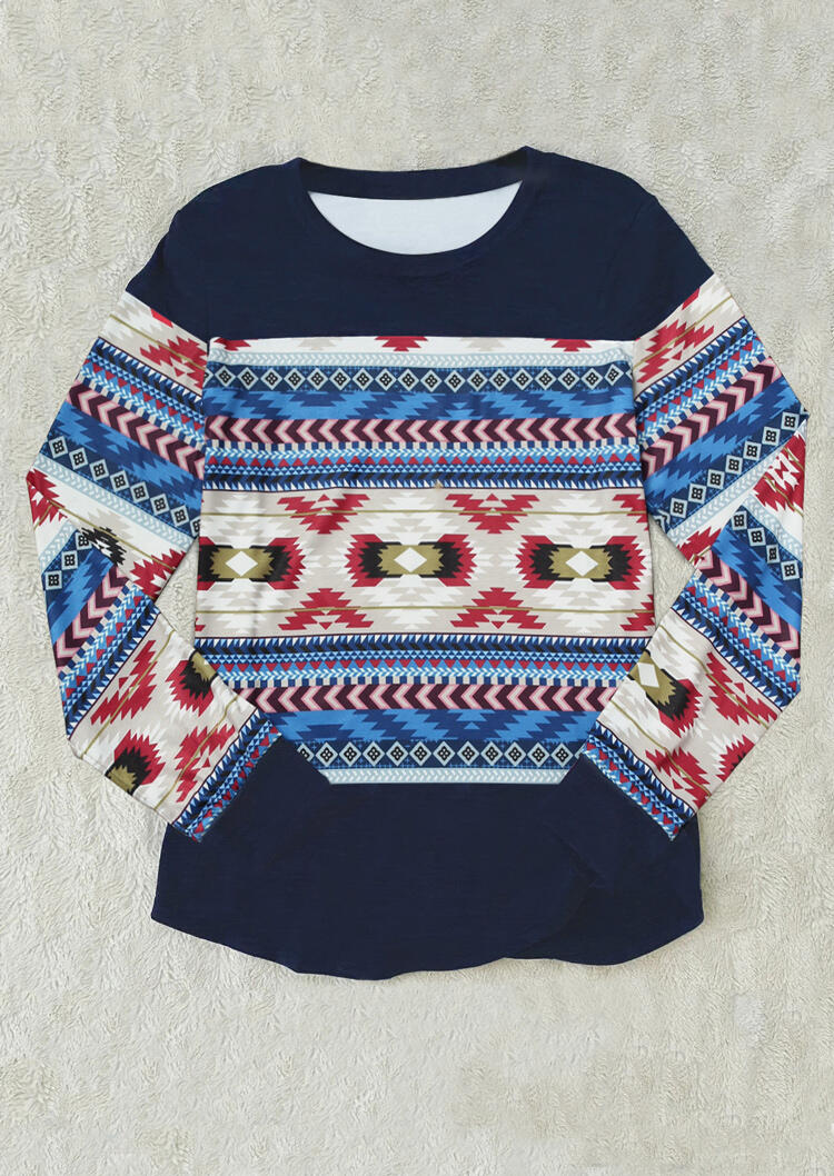 

Aztec Geometric O-Neck Blouse - Navy Blue, 477246