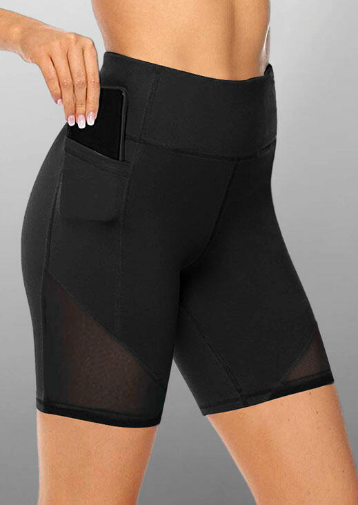

Mesh Splicing Pocket Yoga Fitness Activewear Shorts - Black, 477317