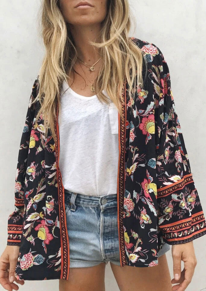 

Floral Long Sleeve Cardigan - Black, 477556