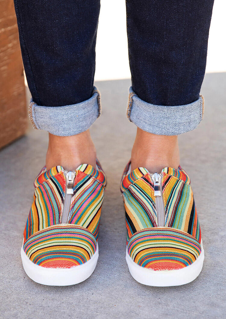 

Colorful Serape Striped Round Toe Zipper Flat Sneakers, Multi, 477626