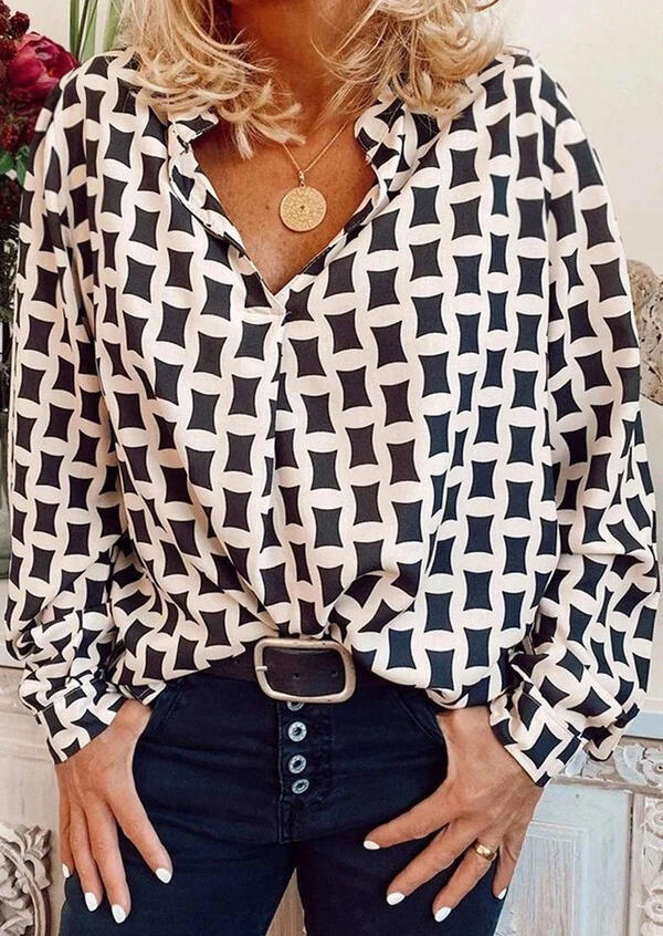 

Shirts Geometric Long Sleeve V-Neck Shirt in Beige. Size