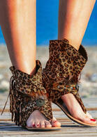 Leopard Taseel Feather Rivet Slip On Flat Sandals