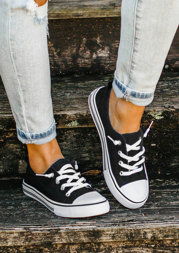 Lace Up Round Toe Flat Canvas Sneakers - Black thumbnail