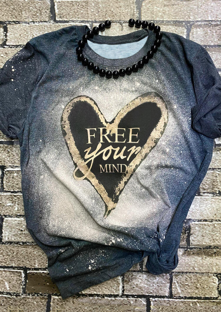 

Slogan Graphic Heart Bleached T-Shirt Tee - Navy Blue, 477744