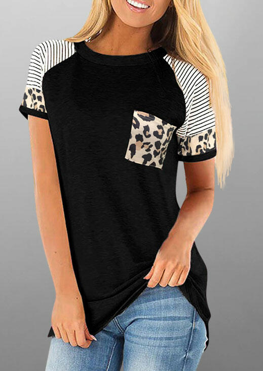 

Leopard Striped Splicing Pocket Blouse - Black, 477763