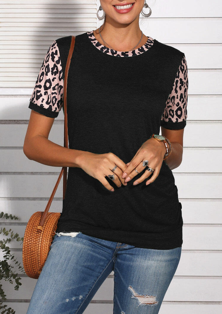 

Leopard Splicing Button T-Shirt Tee - Black, 477767