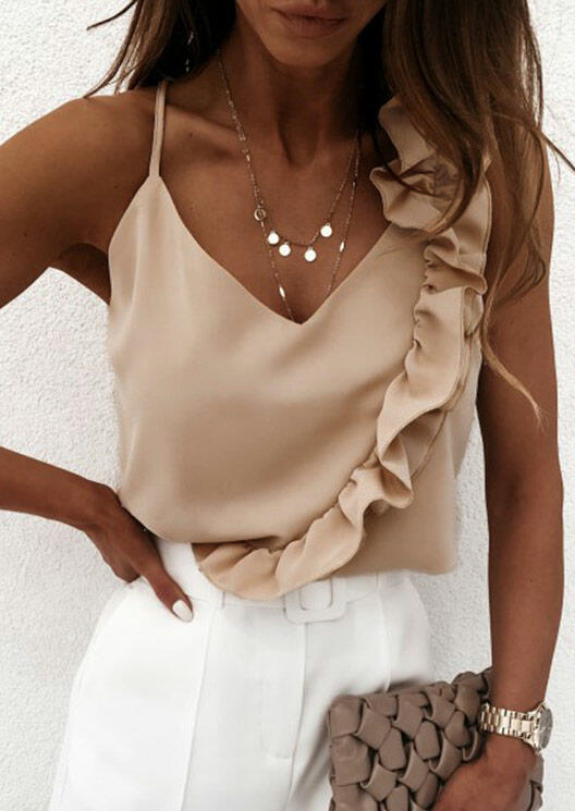 

Tank Tops Ruffled V-Neck Camisole without Necklace in Apricot. Size