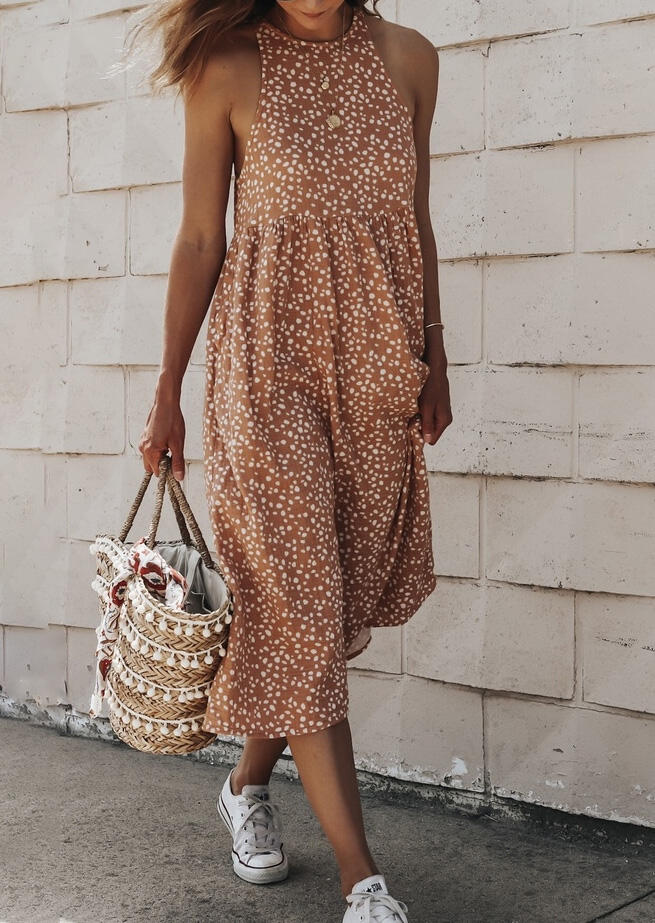 

Maxi Dresses Leopard Ruffled Button Open Back Halter Maxi Dress in Light Brown. Size
