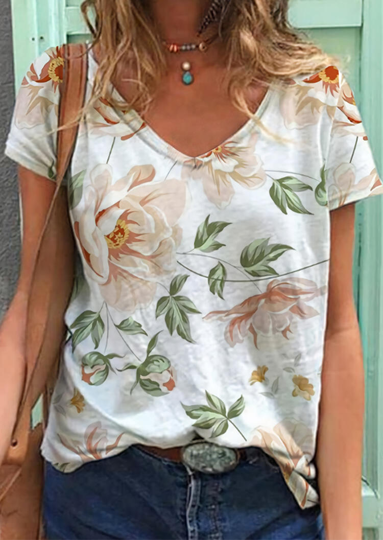 

Floral V-Neck T-Shirt Tee - White, 477836
