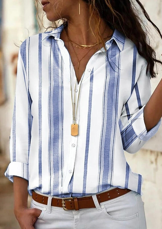 

Striped Splicing Button Shirt - Blue, 477837