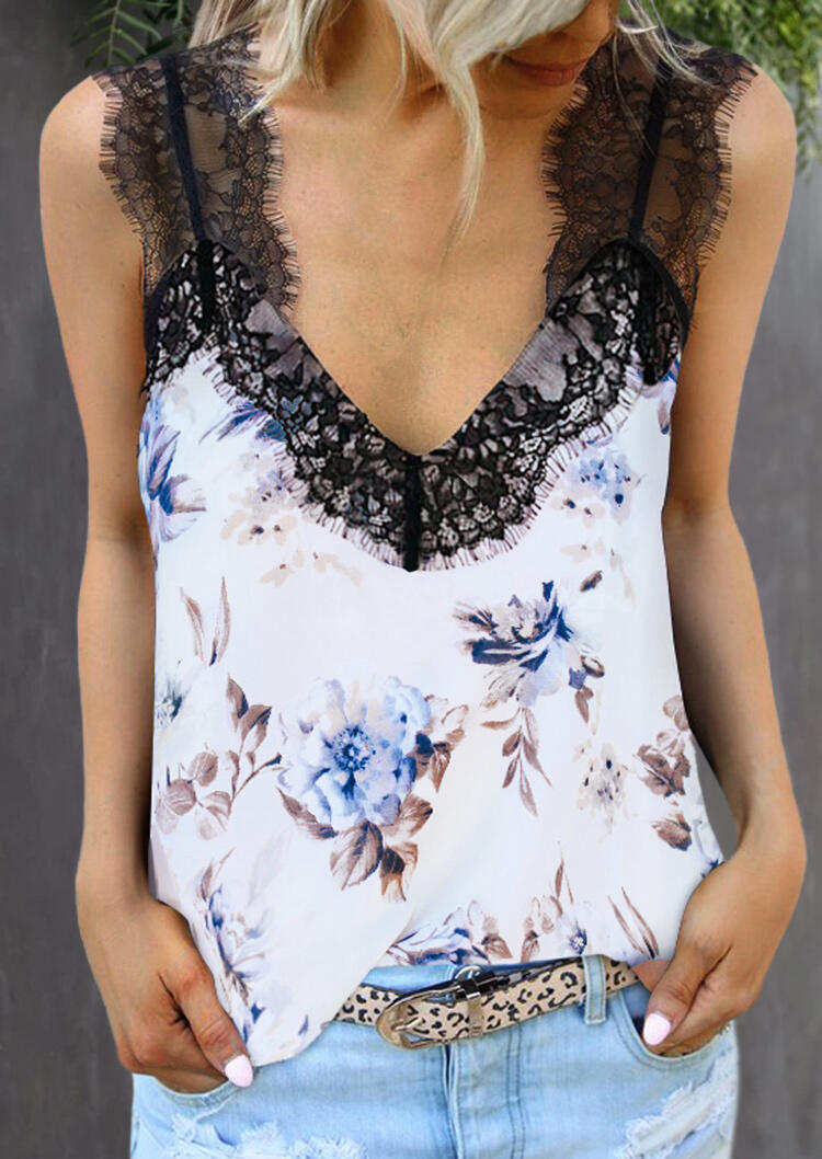 

Lace Splicing Floral Tank - White, 477675