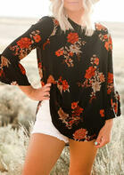 Floral Ruffled Hollow Out Button Blouse - Black