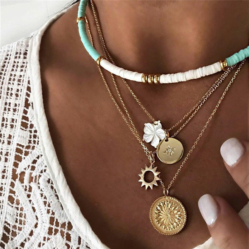 

Necklaces Bohemian Coin Enamel Choker Multi-Layered Necklace in Gold. Size