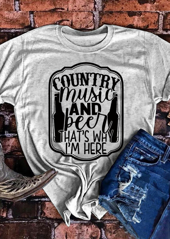 

Tees T-shirts Country Music And Beer O-Neck T-Shirt Tee in Gray. Size