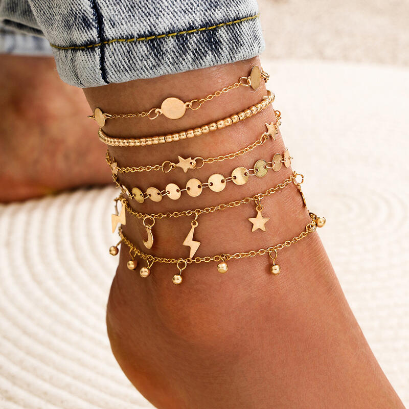 

6Pcs Moon Star Lightning Tassel Anklet Set, Gold, 477961