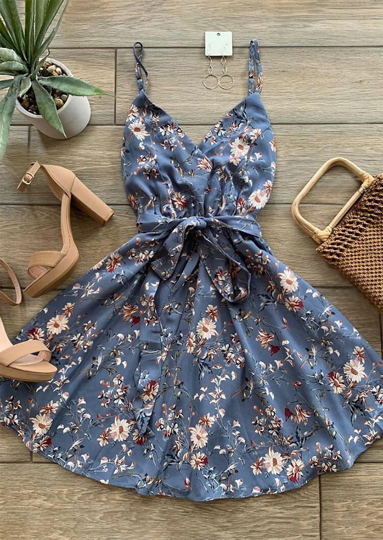 

Floral Ruffled Tie Spaghetti Strap Mini Dress - Blue, 478059