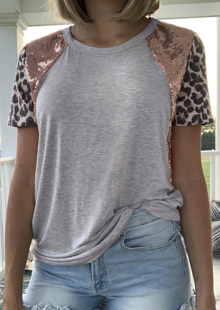 

Leopard Sequined Splicing T-Shirt Tee - Gray, 478075