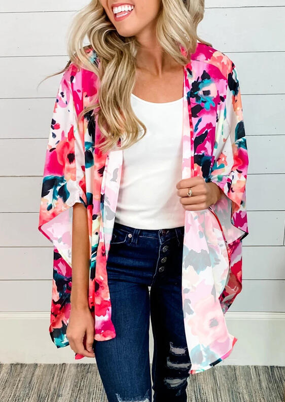 

Cardigans Floral Batwing Sleeve Cardigan in Multicolor. Size